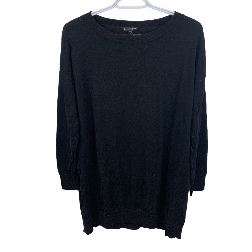 Eileen Fisher Black Merino Wool Knit Sweater Long Line sz XS Crew Neck Luxury